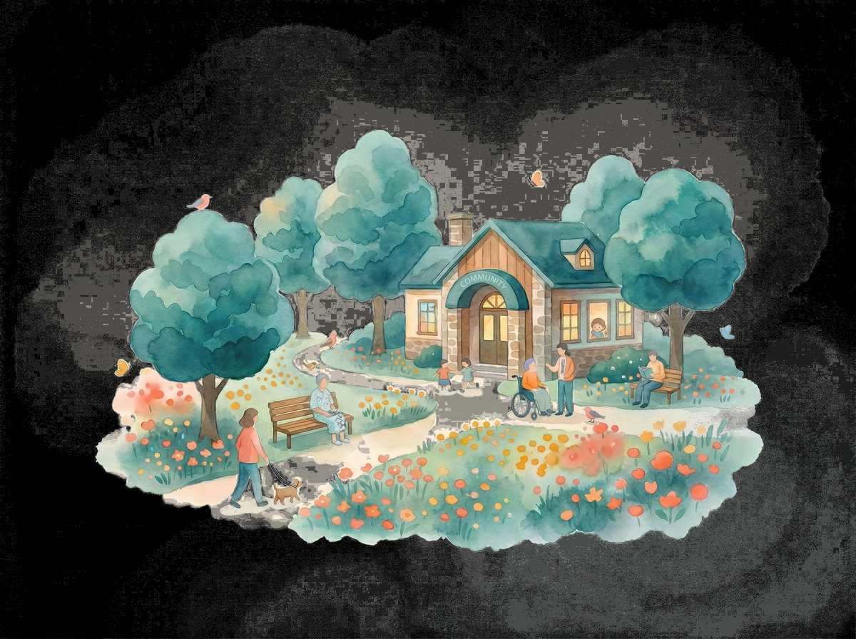 緑と花に囲まれたコミュニティハウスに人々が集う水彩イラスト