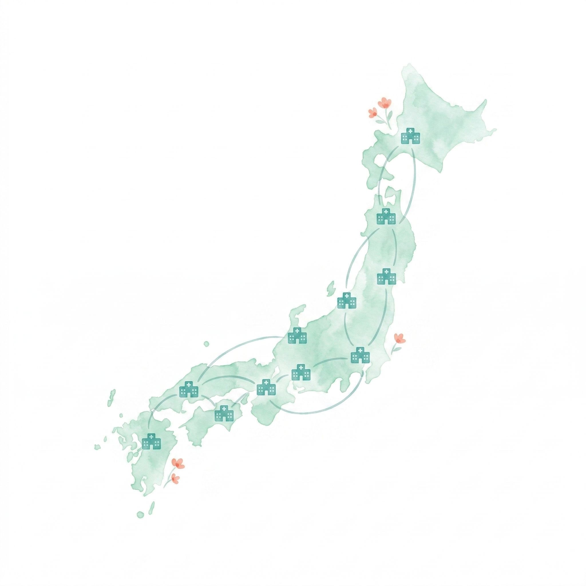 全国の脳腫瘍治療拠点を示す日本地図（水彩イラスト）